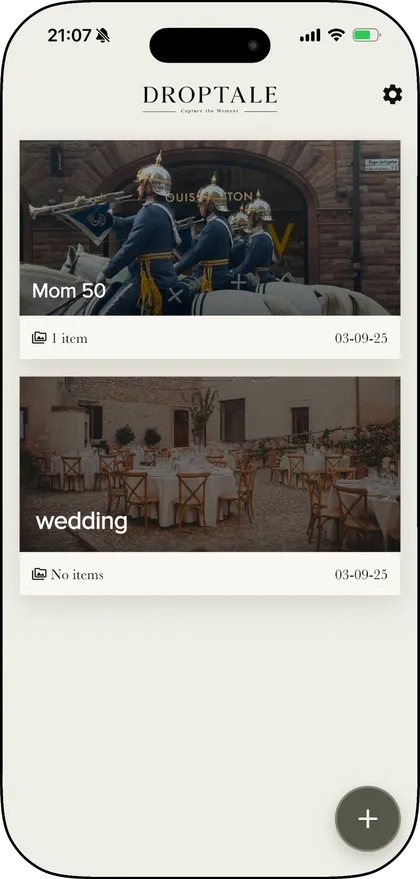 DropTale app showing event galleries